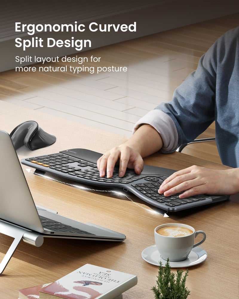 ProtoArc Backlit Bluetooth Ergonomic Keyboard, EK01 Plus Full Size Wireless Split Keyboard with Dual Bluetooth and USB, Cushioned Wrist Rest, Rechargeable for Windows/Mac/Android, Grey Black - Image 5